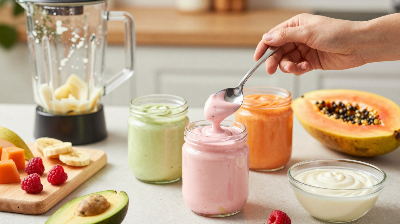 Mão a colher iogurte rosado em frasco de vidro, com frutas e smoothie colorido numa bancada de cozinha.
