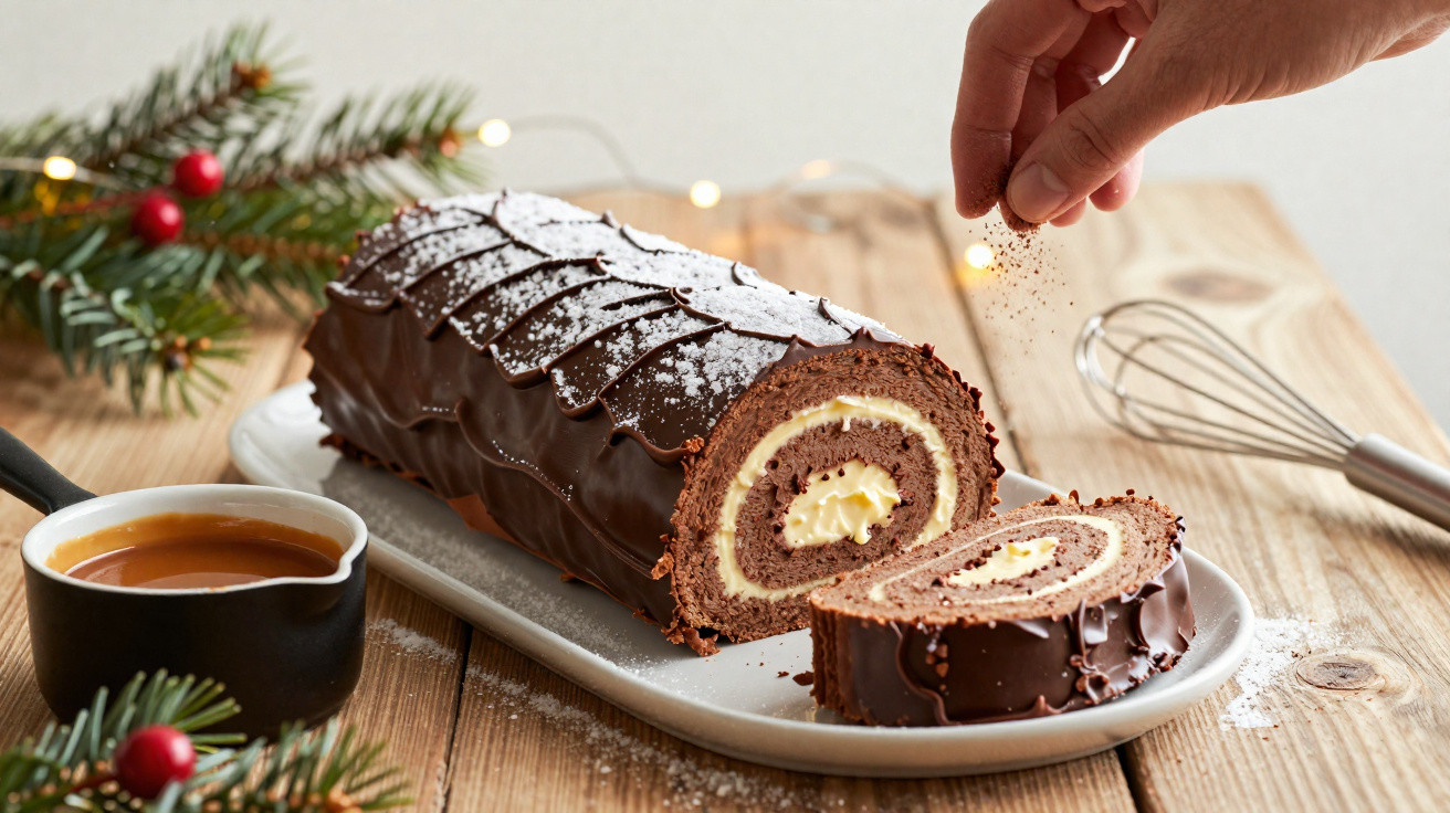 Bolo de chocolate em espiral com recheio branco, polvilhado com açúcar em prato com café e enfeites de Natal.