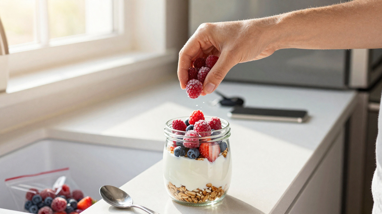 Mão a colocar frutos vermelhos congelados num frasco com iogurte, flocos e frutos frescos numa cozinha luminosa.