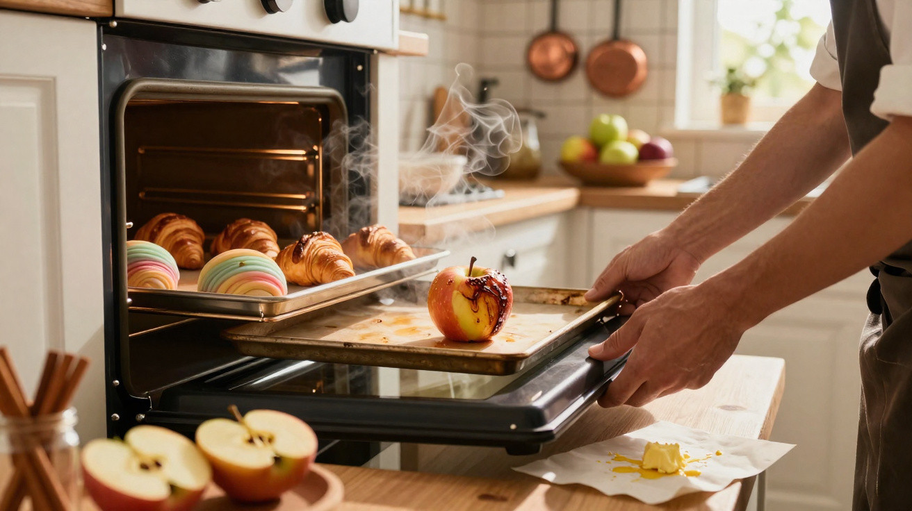 Pessoa a retirar maçã assada quente do forno numa cozinha caseira com croissants e doces.