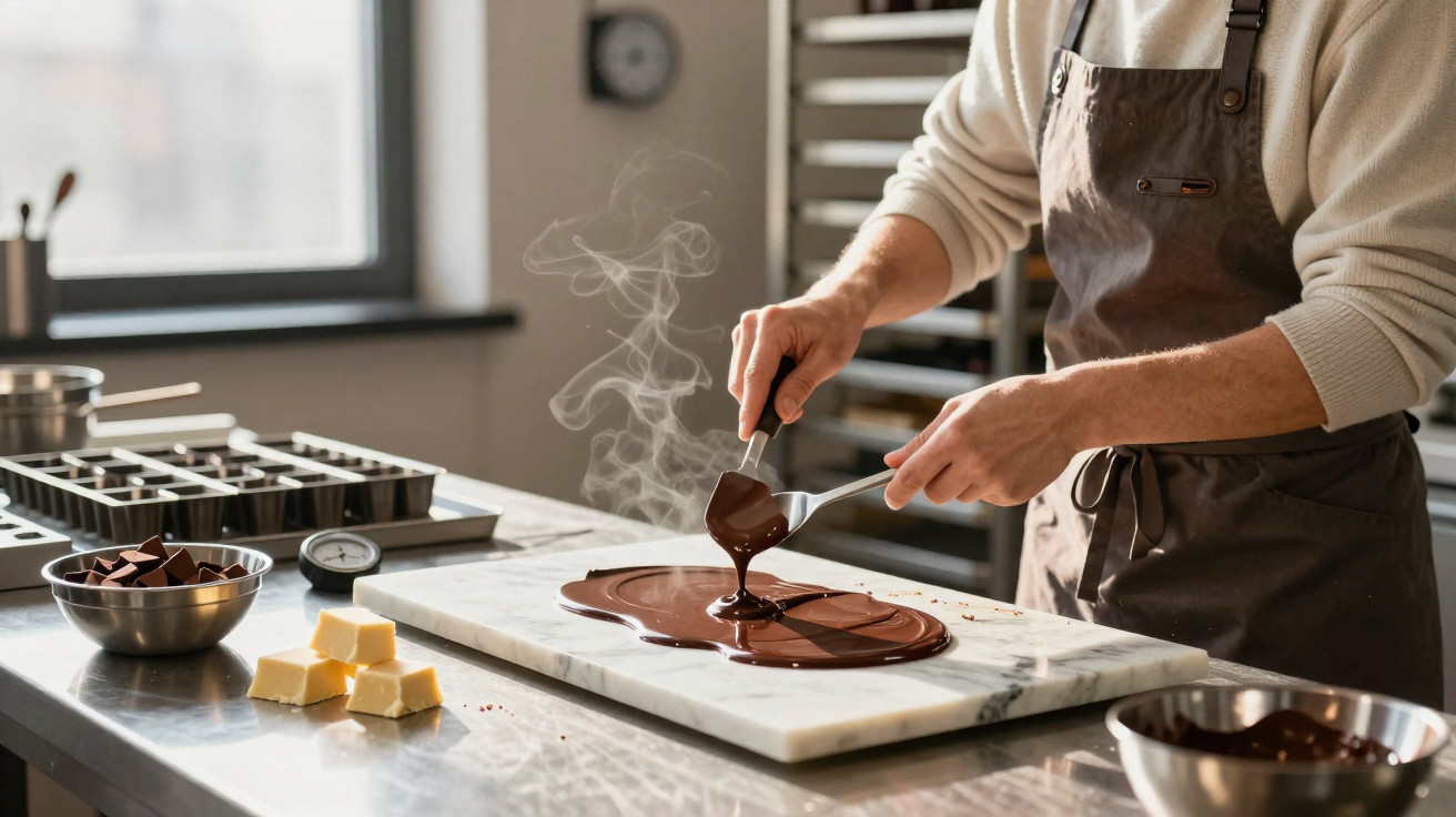 Pessoa a trabalhar chocolate quente numa bancada de cozinha profissional, com utensílios e ingredientes visíveis.
