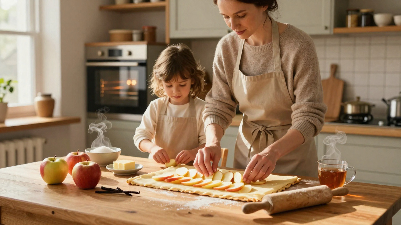 Mãe e filho a preparar uma tarte de maçã numa cozinha moderna com ingredientes sobre a mesa.