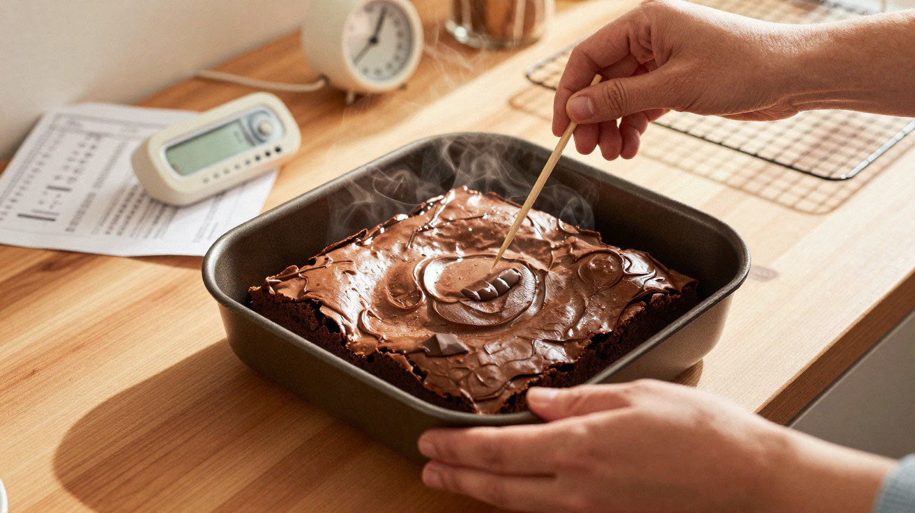 Pessoa teste de cozedura de bolo de chocolate quente em tabuleiro no balcão da cozinha