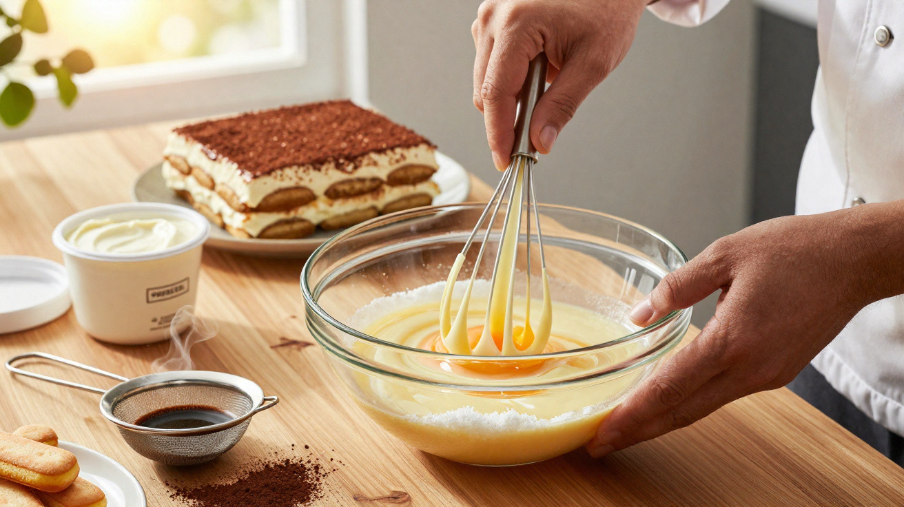 Pessoa a bater gemas de ovo numa taça de vidro com ingredientes para fazer tiramisù numa mesa de madeira.
