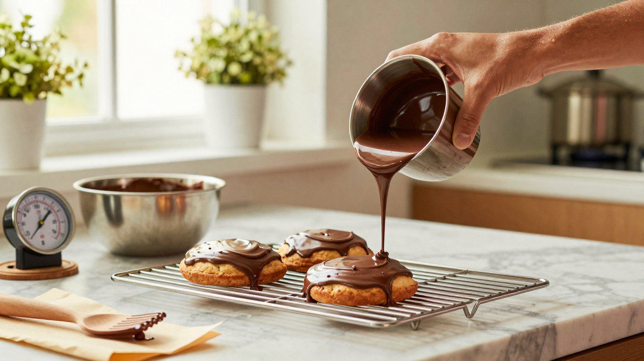 Pessoa a verter chocolate quente sobre biscoitos numa cozinha iluminada e moderna