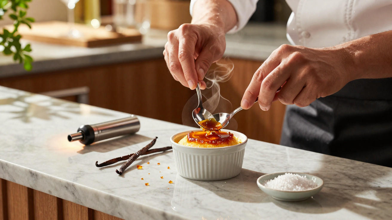 Chef a preparar creme queimado, a retirar caramelo queimado com colheres numa bancada de cozinha.