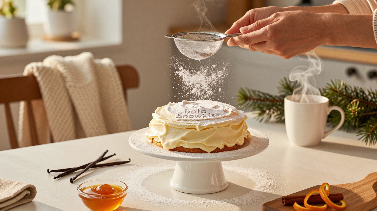 Mãos polvilham açúcar em pó num bolo Snowkisa coberto com creme, numa cozinha decorada com pinheiros e chá quente.