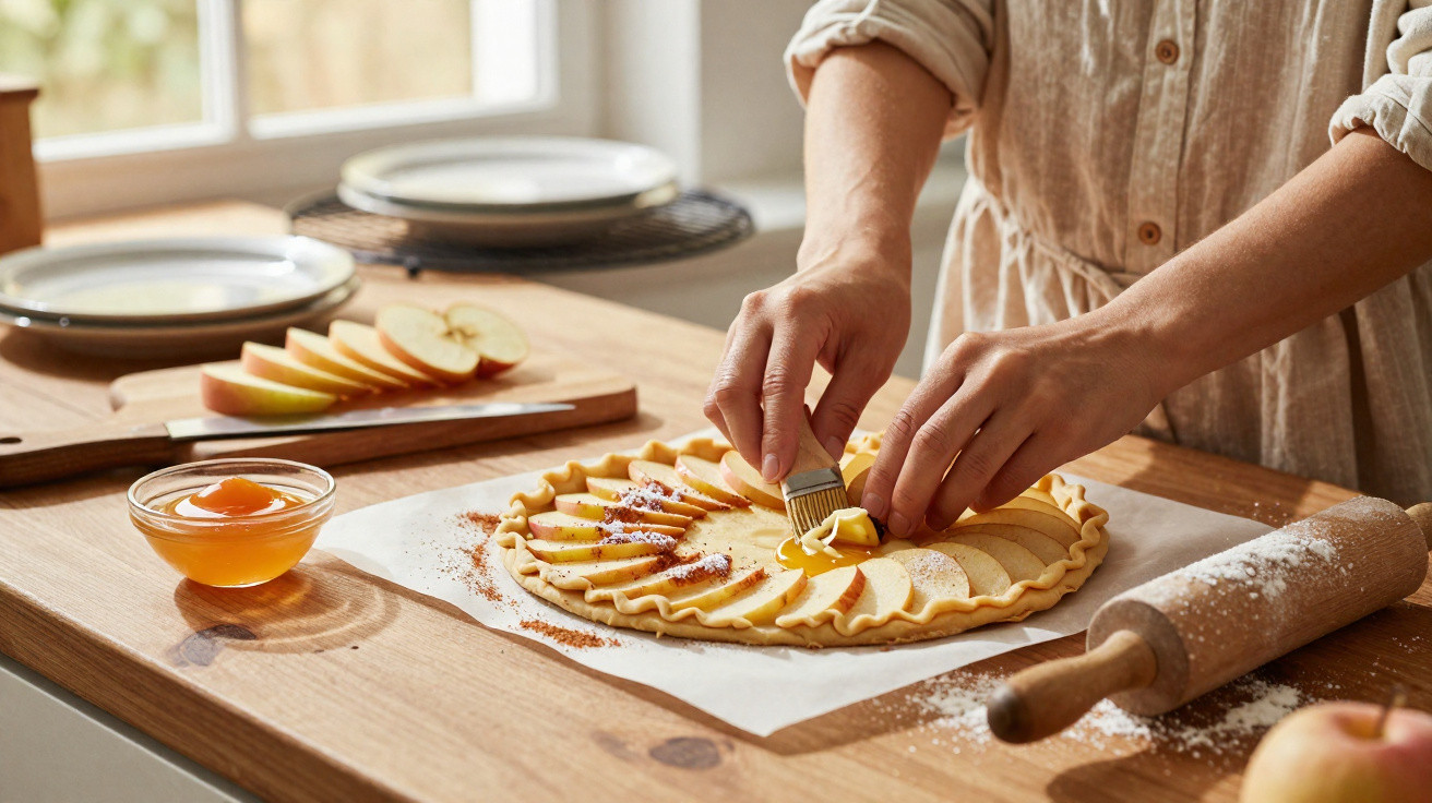 Pessoa a pincelar massa de tarte com fatias de maçã e canela numa cozinha luminosa.