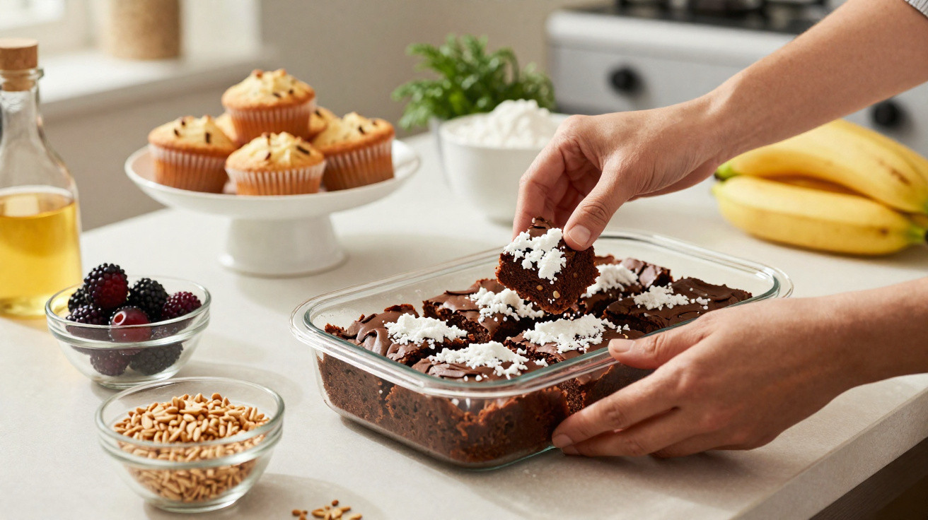 Mãos tiram pedaço de brownie de forma retangular, com cupcakes, frutas e bananas ao fundo numa cozinha.