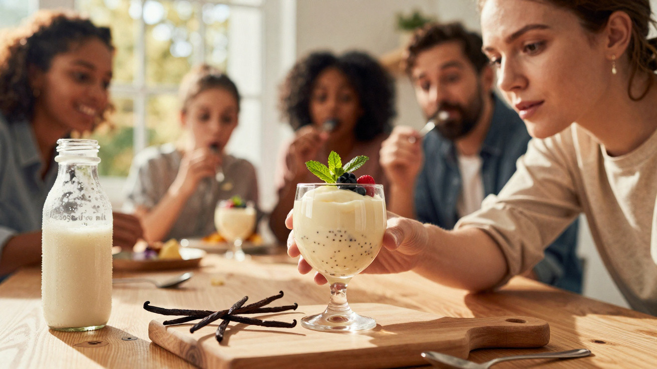 Grupo de pessoas a apreciar sobremesas cremosas numa mesa de madeira com leite e baunilha.