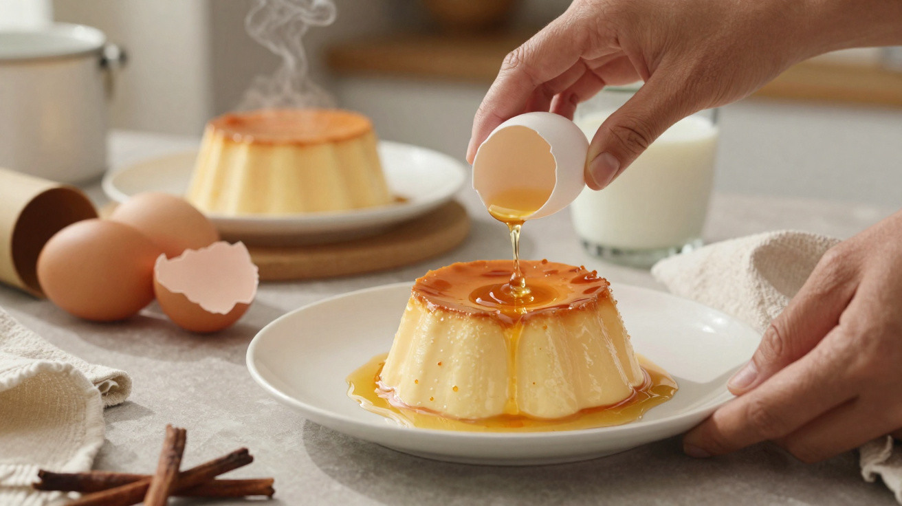 Creme queimado servido em prato branco com calda derramada de casca de ovo, ao lado de ovos e pauzinhos de canela.