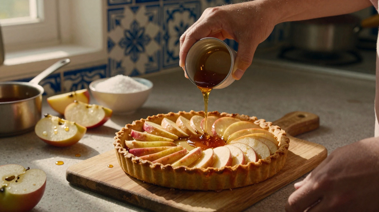 Pessoa a derramar caramelo numa tarte de maçã numa cozinha com azulejos tradicionais portugueses.