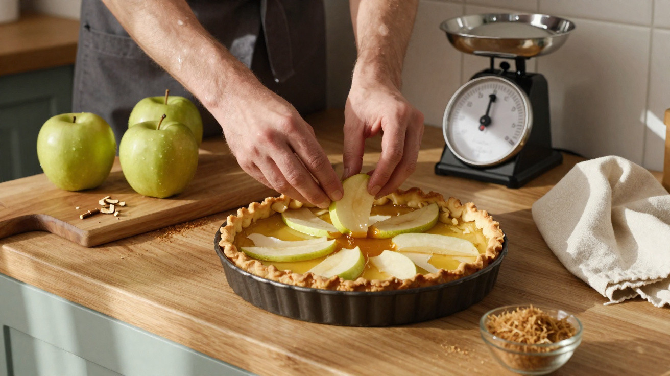 Pessoa a decorar tarte de maçã com fatias numa cozinha moderna, com balança e maçãs verdes ao lado.