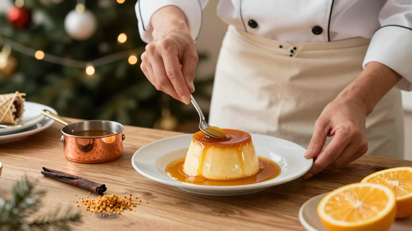 Chef a decorar pudim com caramelo, mesa com especiarias e limão, ambiente natalício desfocado.