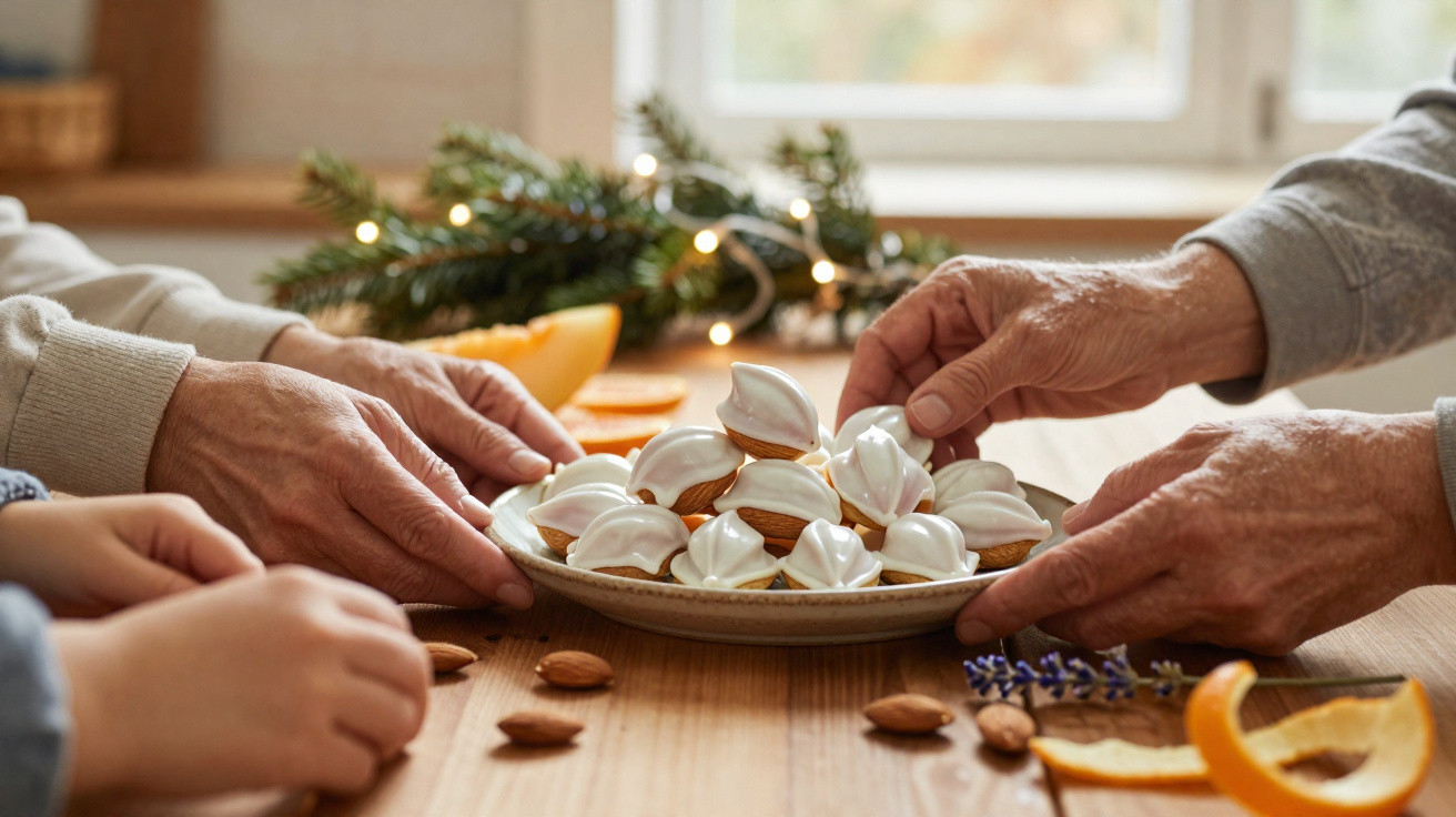 Mãos a apanhar doces com cobertura branca numa mesa decorada com amêndoas e cascas de fruta.