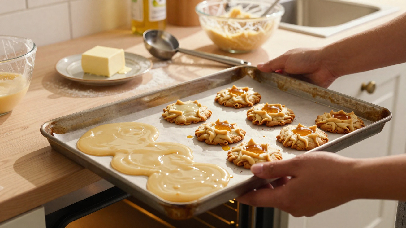 Tabuleiro com biscoitos e caramelo, alguns derretidos, prestes a entrar no forno numa cozinha.