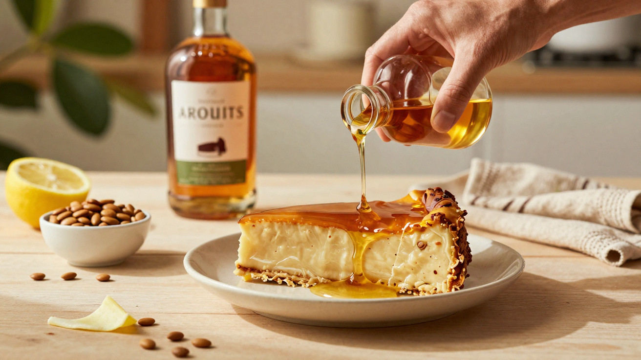 Mão a verter mel sobre fatia de tarte cremosa com amêndoas, limão cortado e garrafa de licor ao fundo.