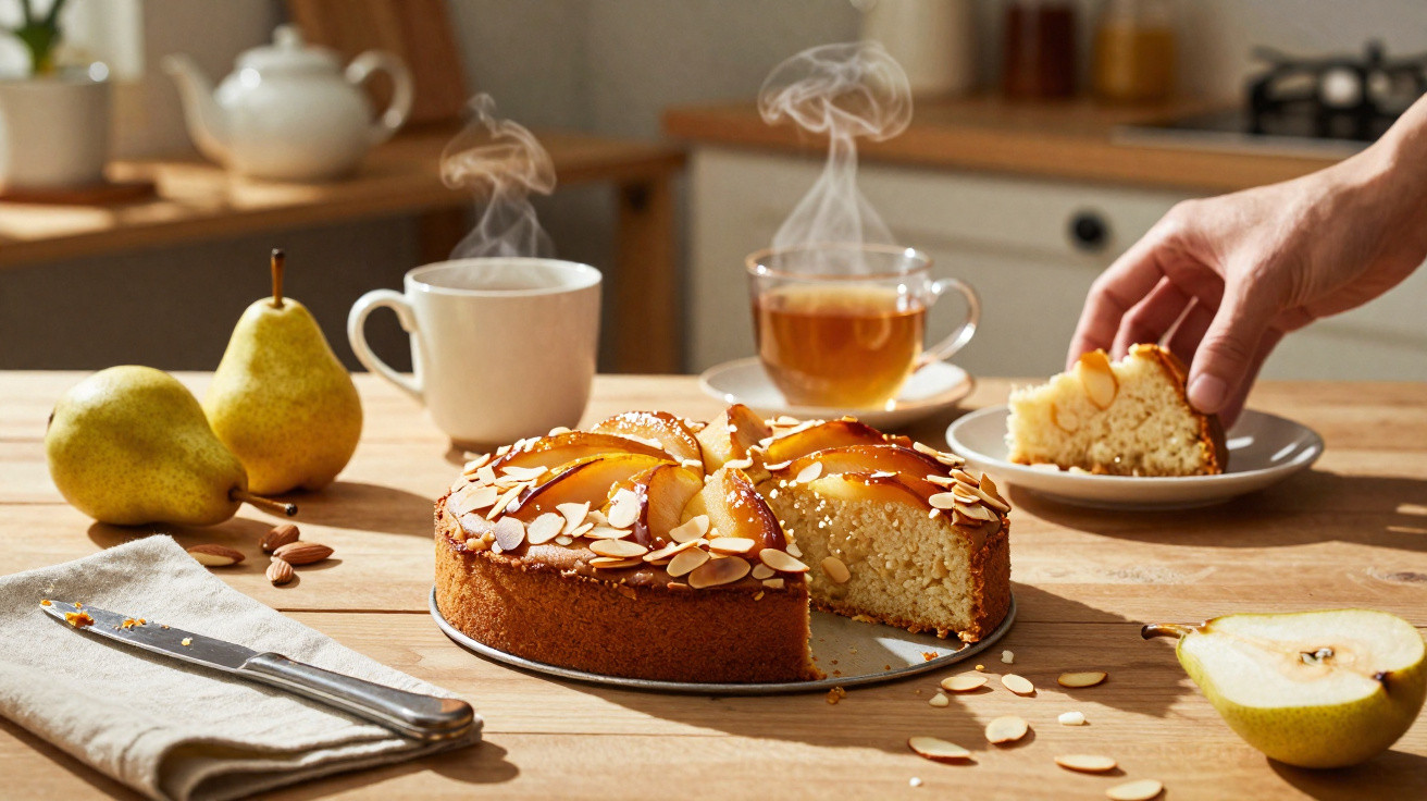 Bolo de pêra com amêndoas, chá e café fumegantes numa cozinha com luz natural.