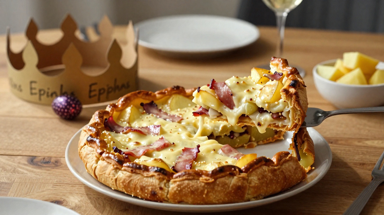 Tarte salgada com queijo derretido e bacon, uma fatia a ser servida num prato branco sobre mesa de madeira.