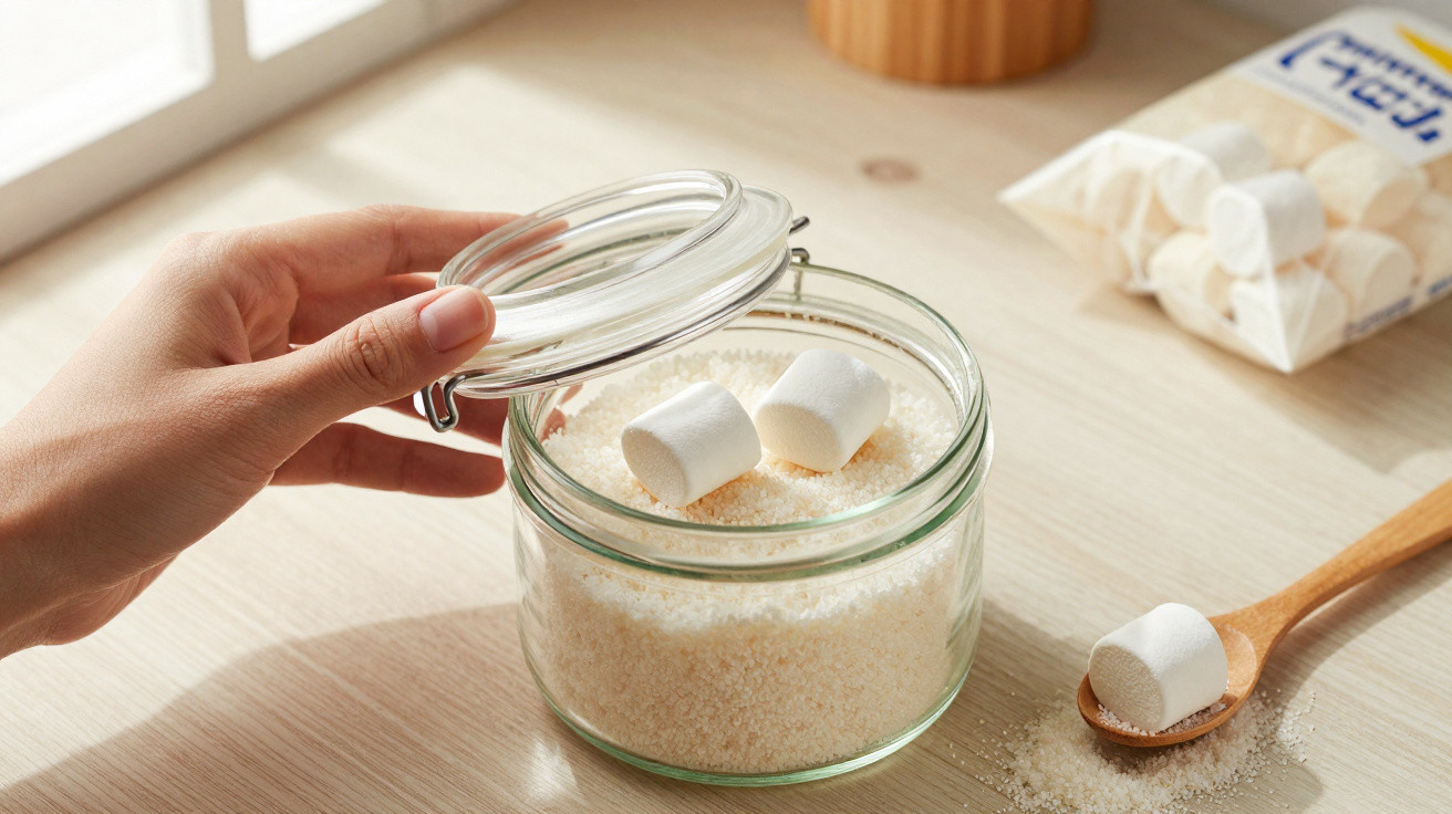Mão abrindo frasco de vidro com sal grosso e três marshmallows em cima, sobre mesa de madeira clara.