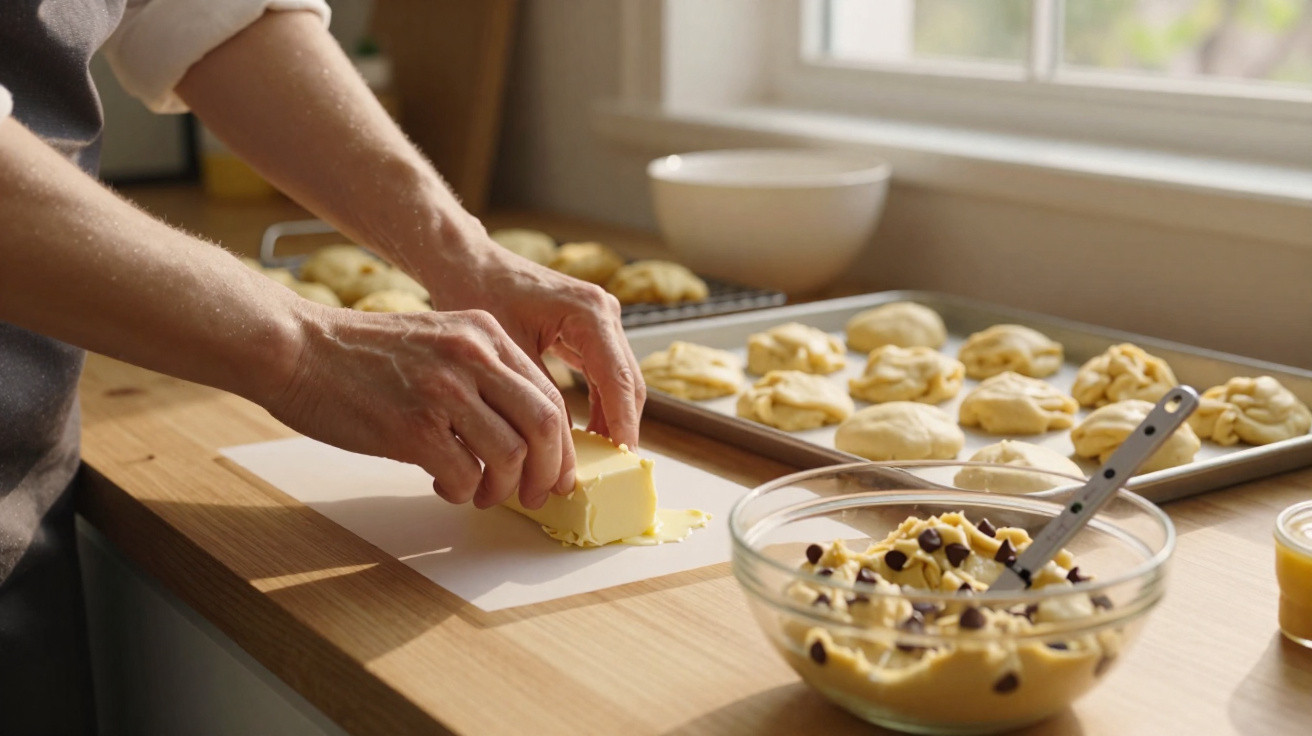 Mãos a cortar manteiga para preparar massa de bolachas com pepitas de chocolate numa cozinha iluminada.