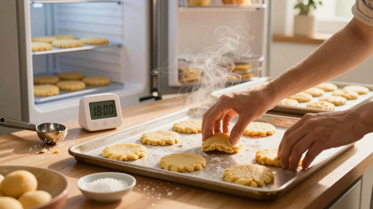 Mãos a colocar bolachas recém-assadas fumegantes num tabuleiro na cozinha com forno aberto ao fundo.