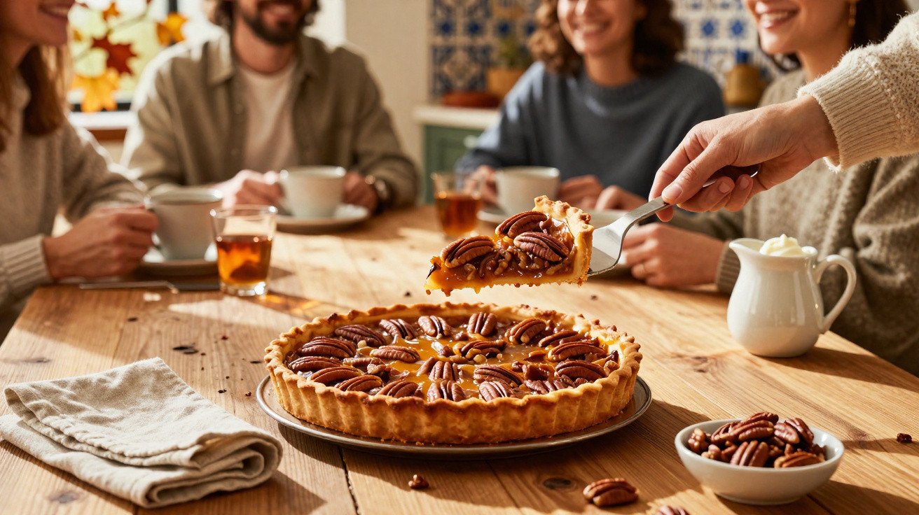 Pessoas à volta de uma mesa em madeira a partilhar uma tarte de noz pecã num ambiente acolhedor.