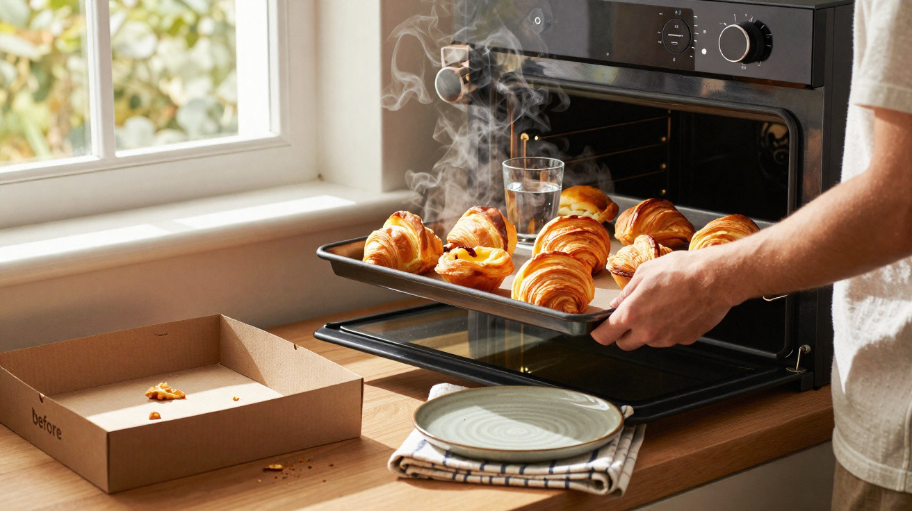 Pessoa a retirar tabuleiro de croissants quentes e fumegantes do forno numa cozinha iluminada pela janela.