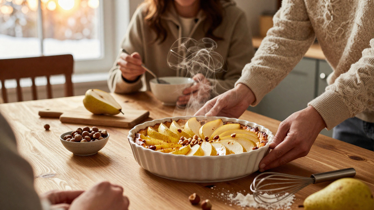 Pessoa a servir tarte de maçã e avelãs acabada de fazer numa mesa de madeira, com outra pessoa a comer ao fundo.