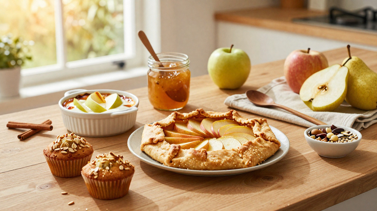 Mesa de madeira com tarte de maçã, muffins com aveia, compota, frutas frescas e mistura de nozes.