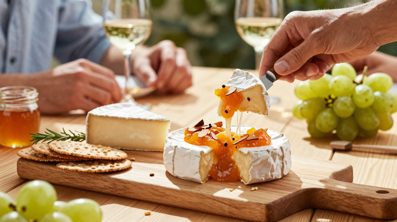Pessoa a servir queijo brie com geleia em tábua de madeira, uvas verdes, bolachas e vinho branco.