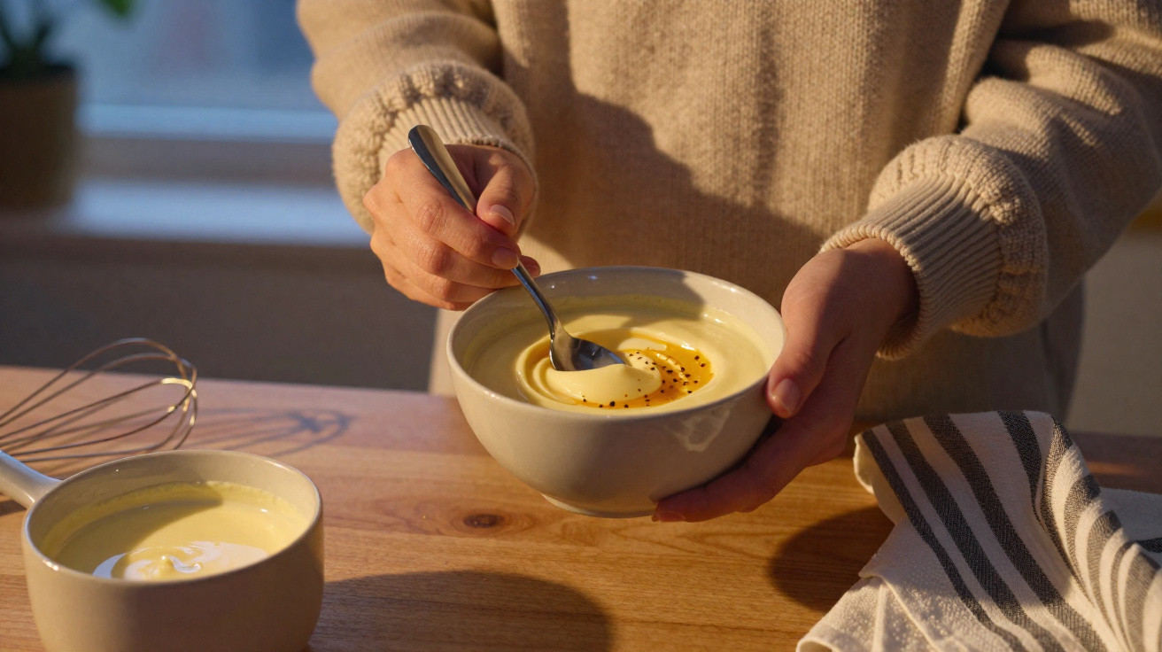 Pessoa segurando taça com creme amarelo e polvilhada com sementes, colher dentro do creme.