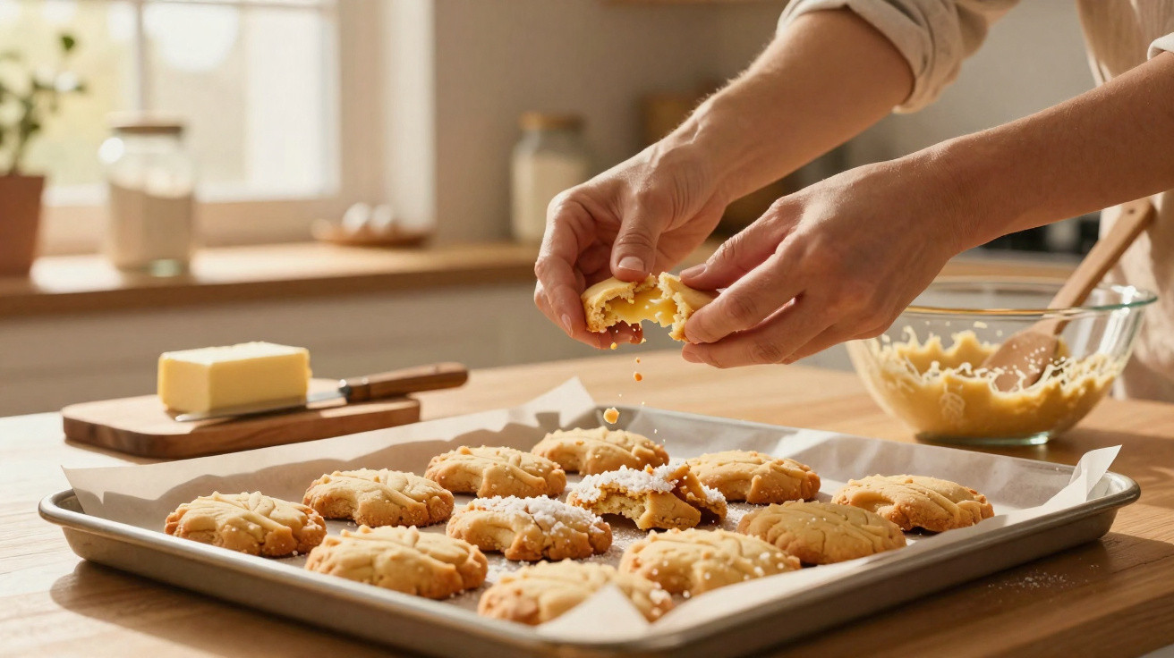 Maos a partir um biscoito sobre tabuleiro com mais biscoitos e tigela com massa numa cozinha iluminada.