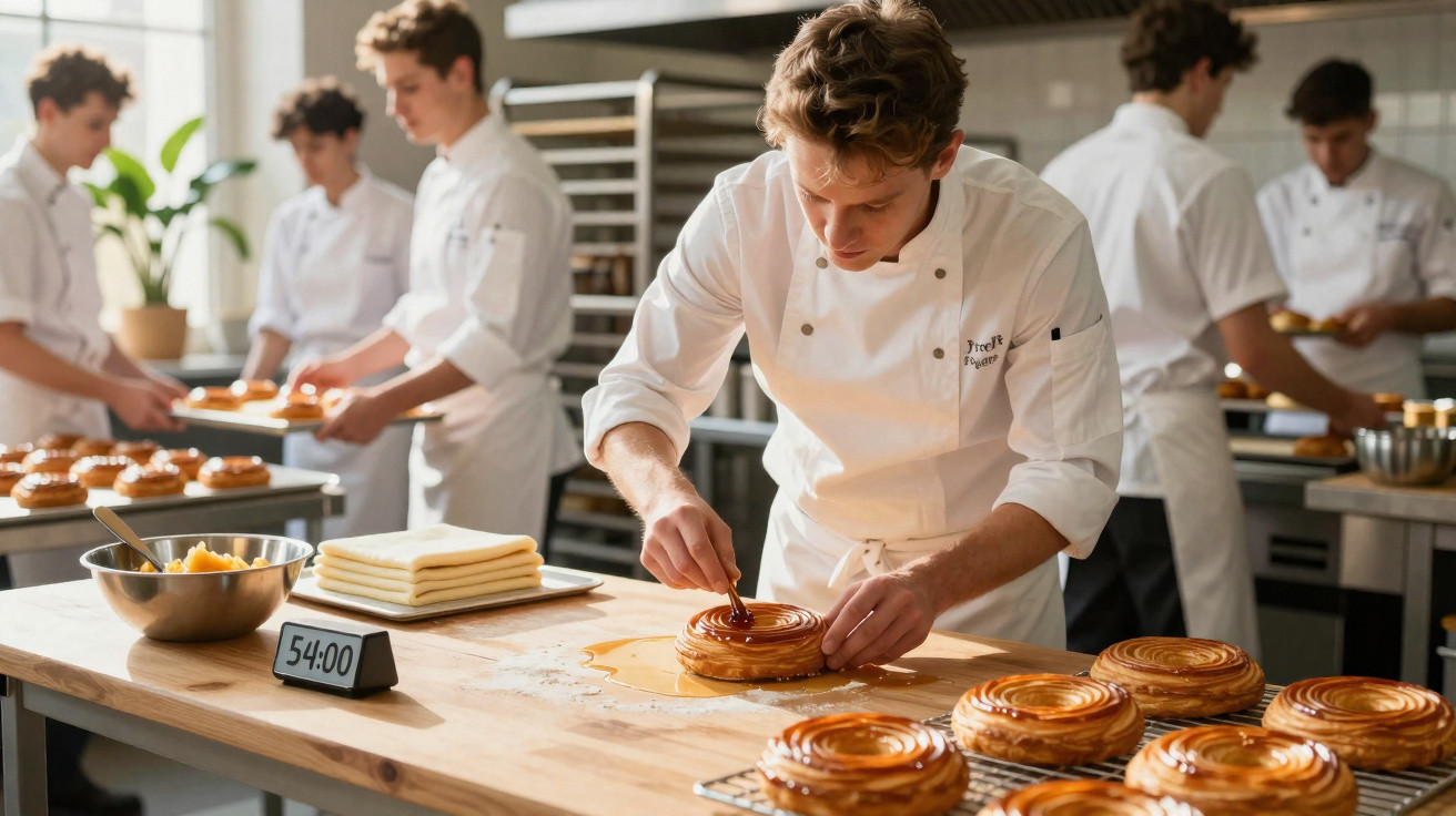 Jovens chefs confeitam bolos em cozinha profissional, focados na decoração de doces circulares.