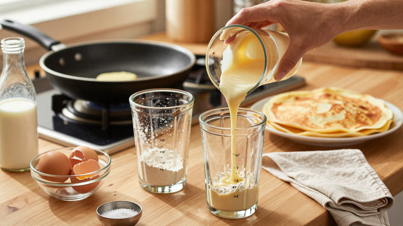 Mãos a preparar mistura para panquecas com ovos, farinha, leite e panquecas servidas numa mesa de cozinha.
