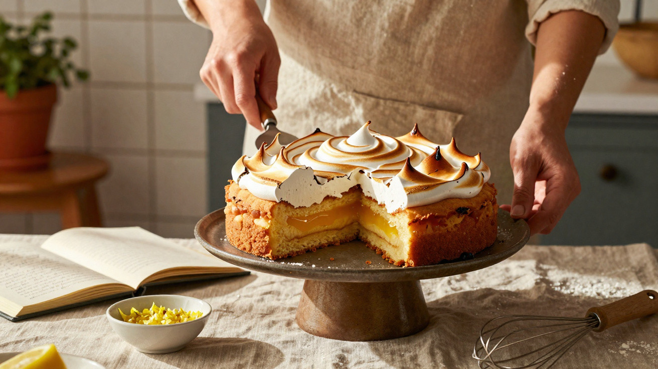 Pessoa a cortar tarte de limão com cobertura de merengue tostado numa base alta num suporte de bolo.