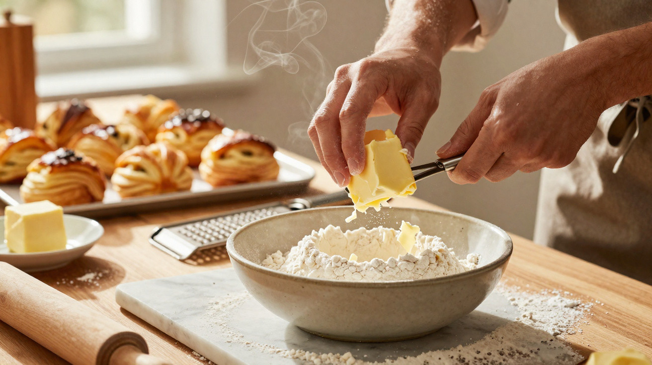 Pessoa a ralar manteiga sobre farinha num bowl, com pastelaria caseira ao fundo numa bancada de madeira.