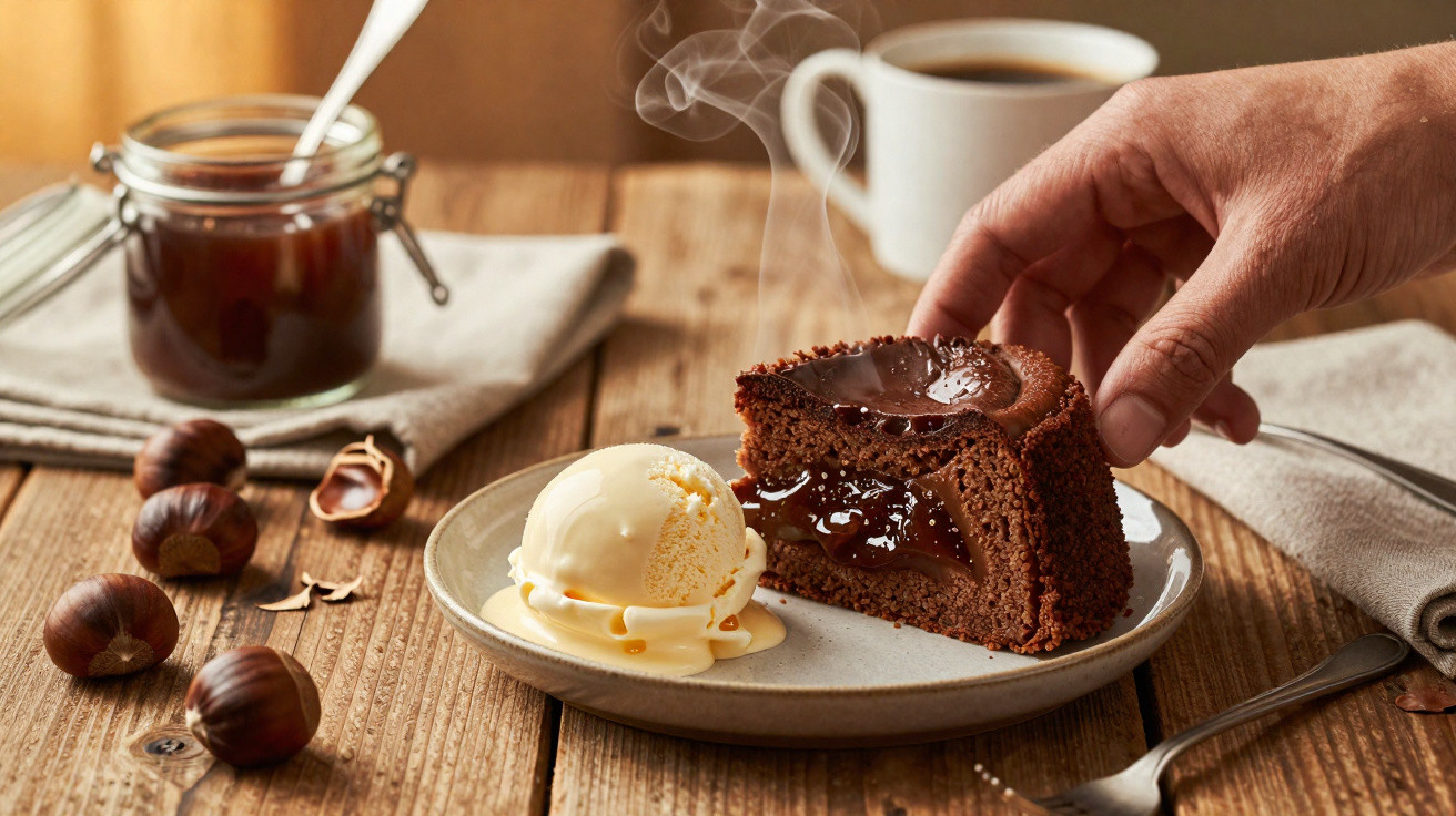 Fatia de bolo de chocolate com recheio quente servido com gelado de baunilha e noz-pecã, mesa de madeira.