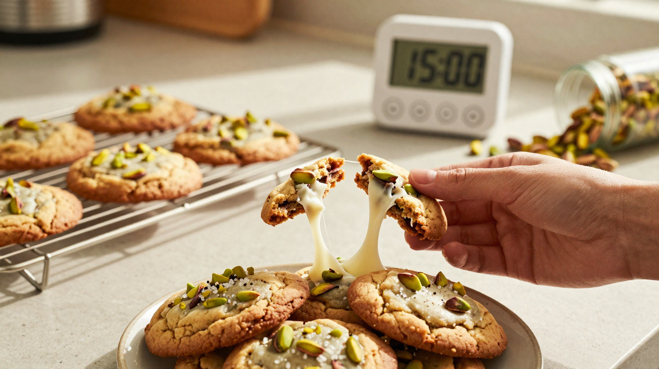 Mãos partindo um cookie com chocolate derretido, em prato com mais cookies e temporizador a 15:00 ao fundo.