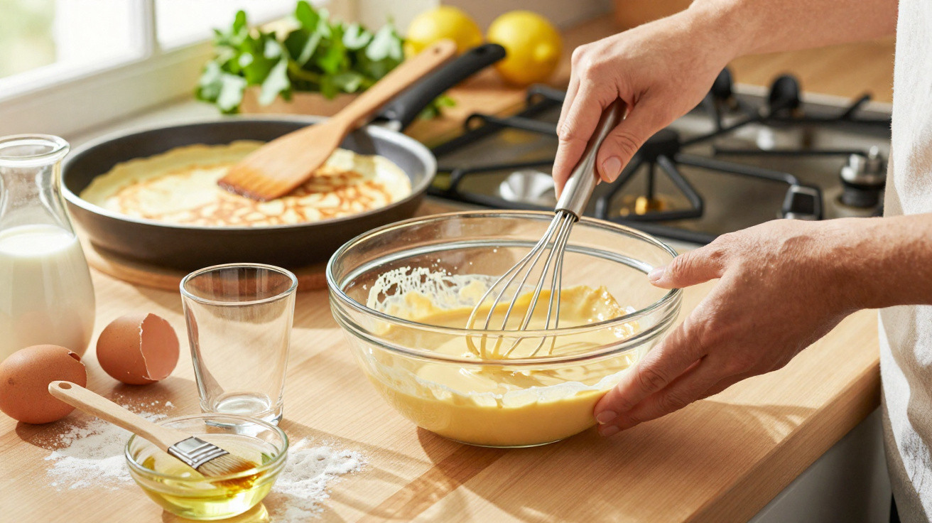 Mãos a mexer massa numa tigela de vidro com uma frigideira e ingredientes para panquecas numa cozinha iluminada.