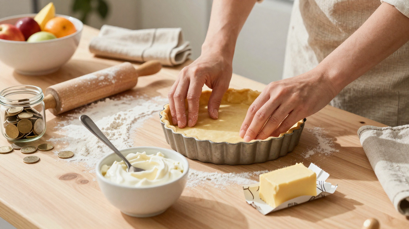 Mãos a esticar massa numa forma de tarte numa bancada com manteiga, creme, farinha e rolo de massa.