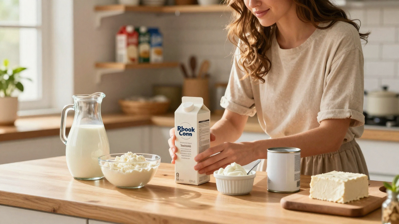 Mulher na cozinha a preparar ingredientes lácteos sobre bancada de madeira.