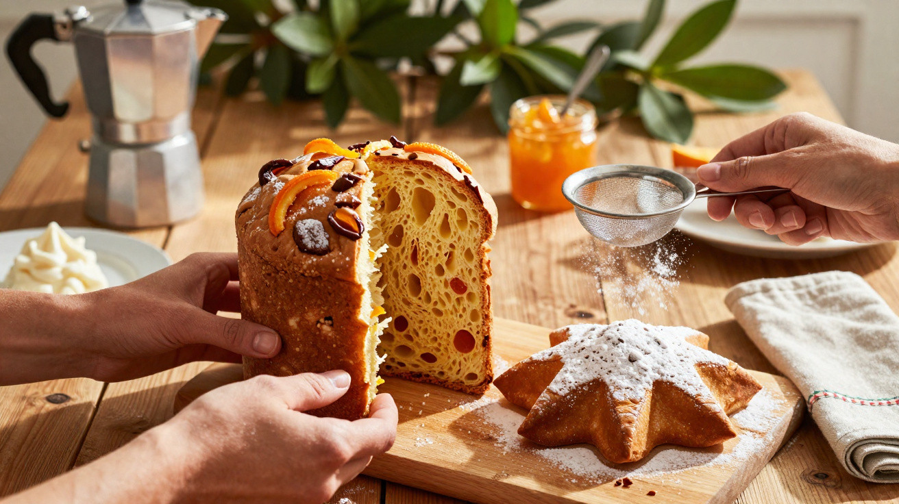 Pão doce típico italiano Panettone partido ao meio, com açúcar em pó sendo polvilhado noutro bolo na mesa de madeira.