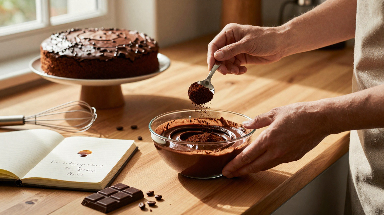 Pessoa a preparar creme de chocolate numa taça, com bolo e ingredientes numa bancada de cozinha em madeira.