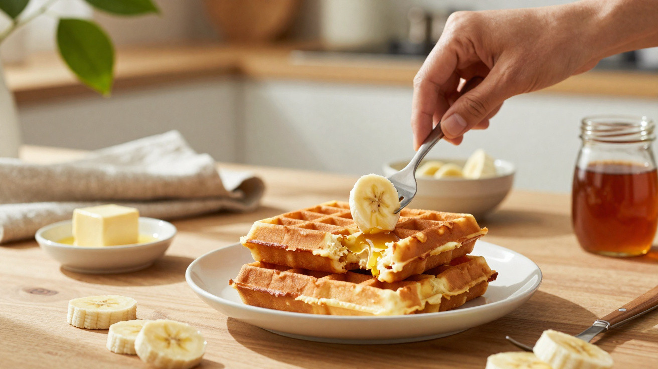 Mão a colocar uma fatia de banana em cima de waffles com manteiga num prato branco numa mesa de madeira.