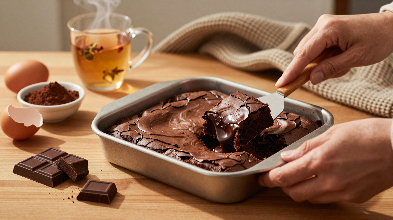Mãos a retirar quadrado de bolo de chocolate húmido numa forma metálica sobre mesa com ingredientes e chá.