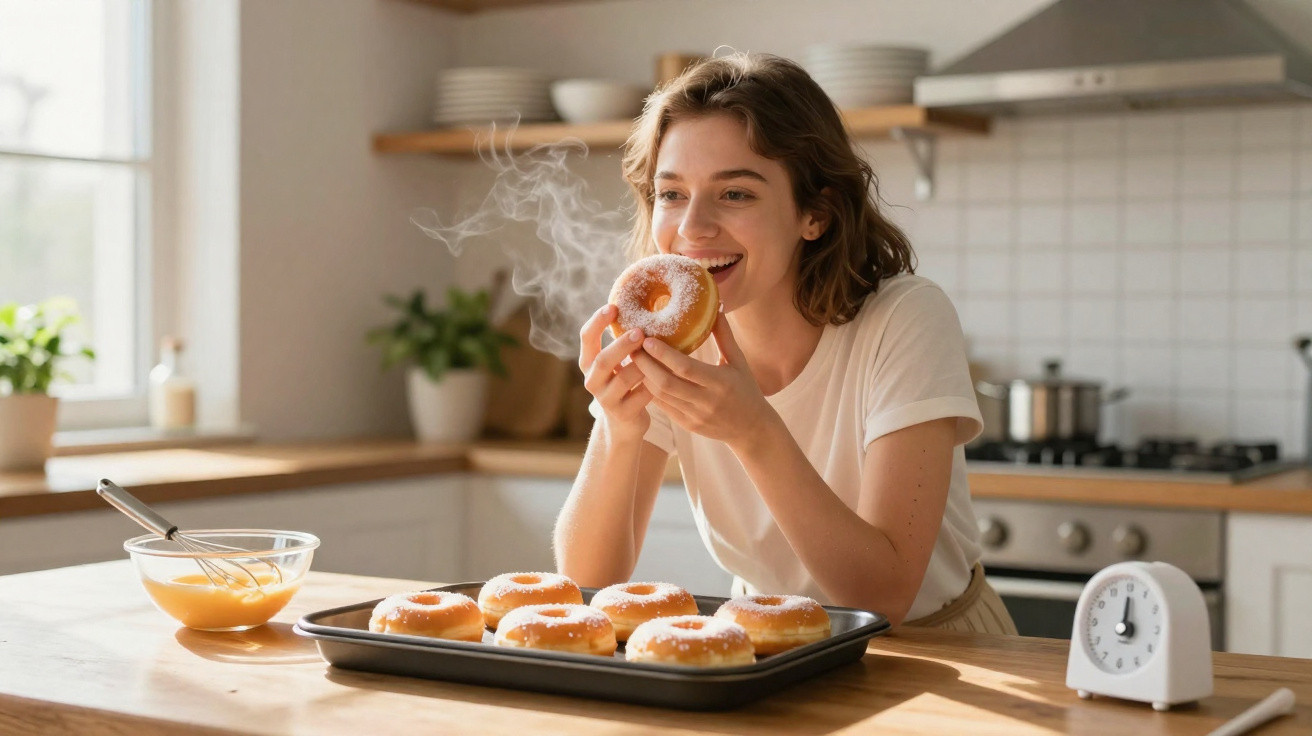 Mulher feliz a segurar um donut quente com açúcar em pó numa cozinha luminosa moderna.