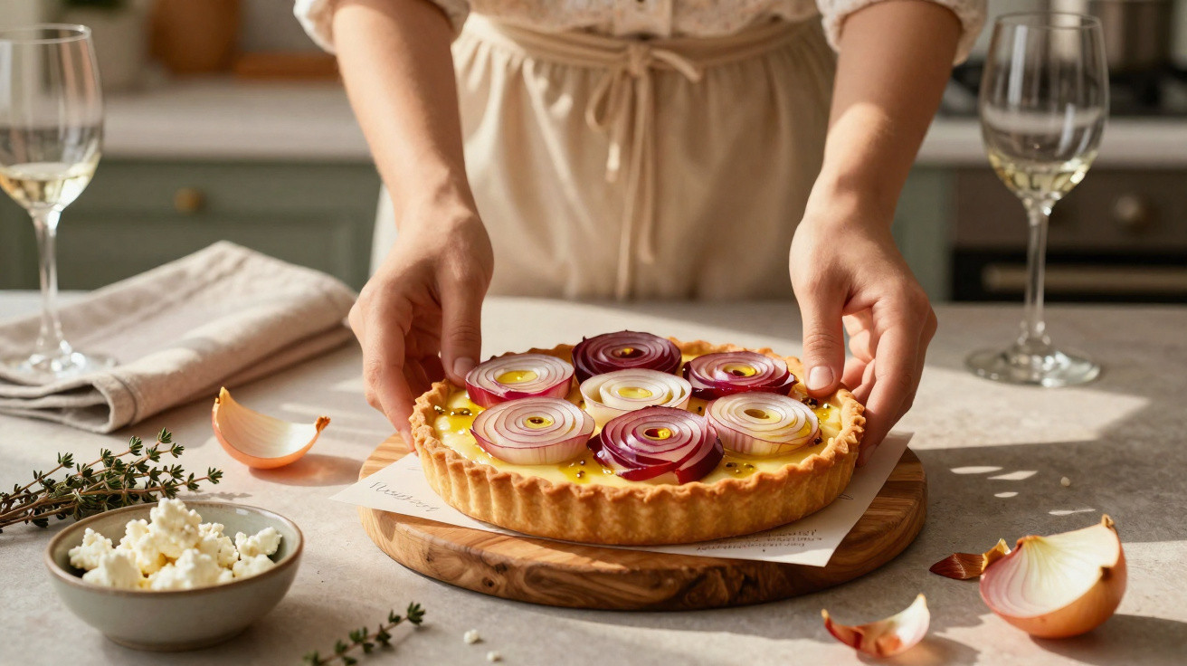 Pessoa a colocar tarte de cebola roxa sobre base de madeira numa cozinha com copos de vinho branco.