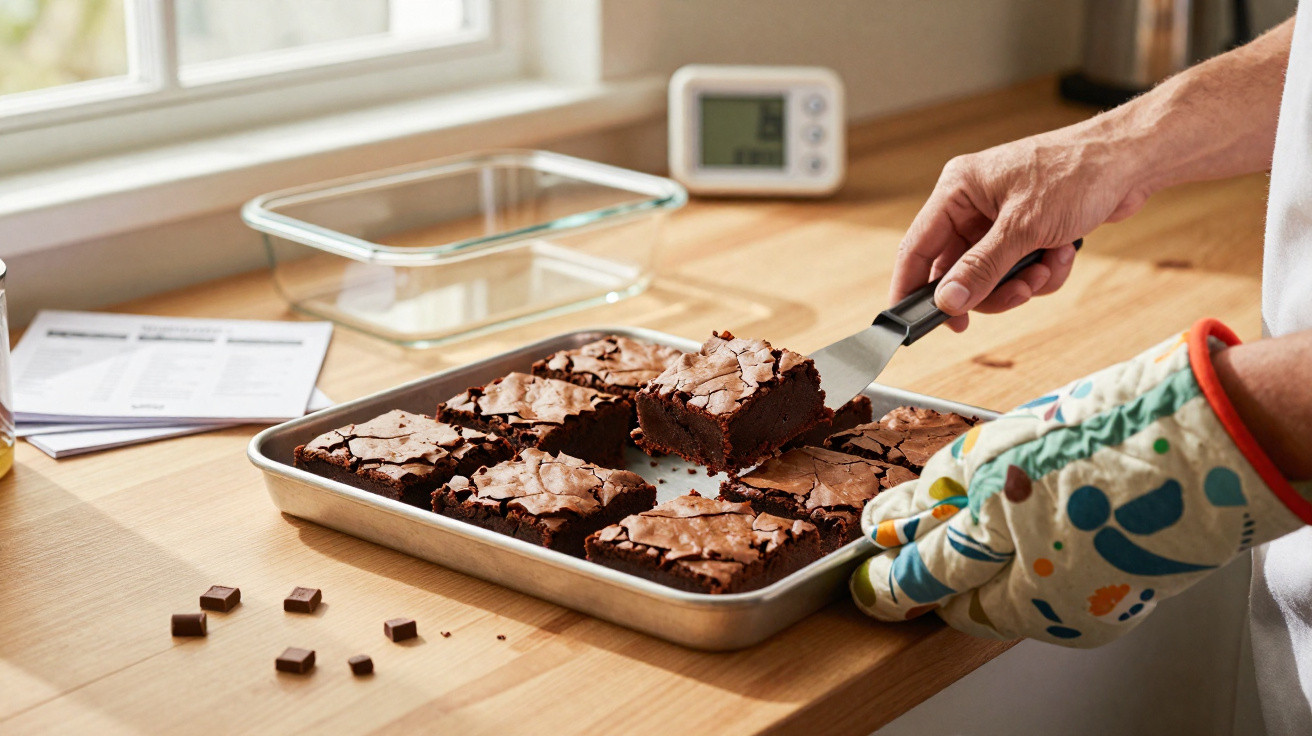 Pessoa a retirar um quadrado de brownie de forma metálica numa cozinha iluminada.