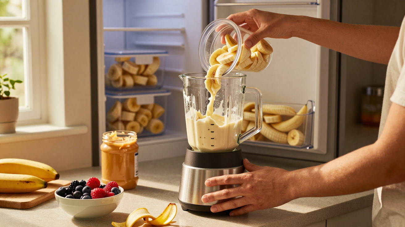Mãos a colocar pedaços de banana num liquidificador na cozinha, com frutas e pasta de amendoim ao lado.